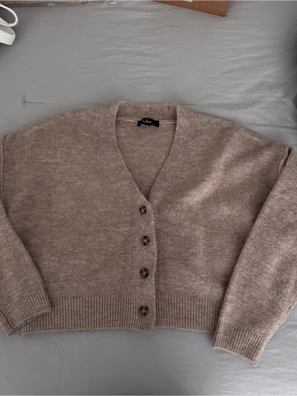Lulu's Taupe V-Neck Button Front Sweater